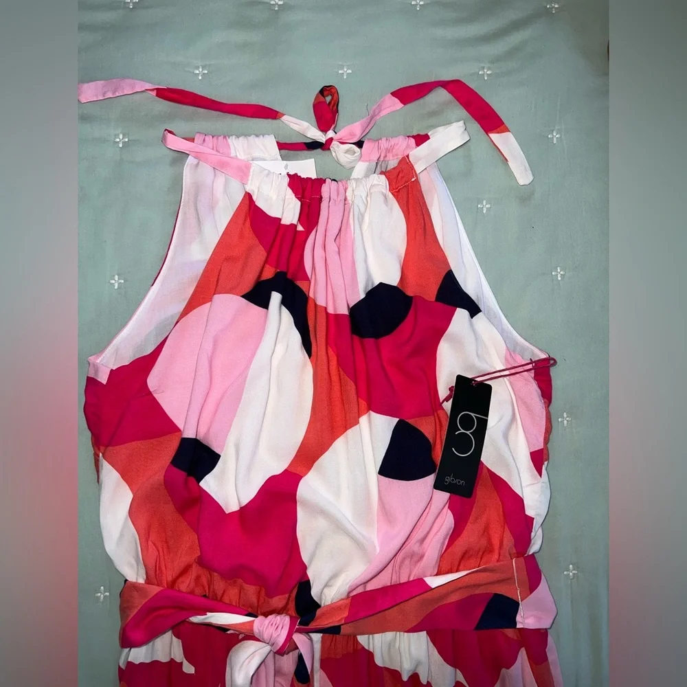 NWT Nordstrom Gibson belted halter romper, bright geometric print Sz M(8/10) - Picture 6 of 14